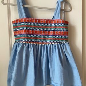 Light Blue Smocked Tank Top with Colorful Embroidery
